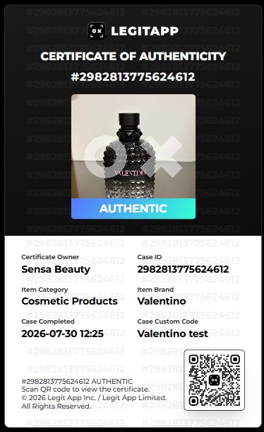 Sample LegitApp certificate of authenticity issued to Sensa Beauty